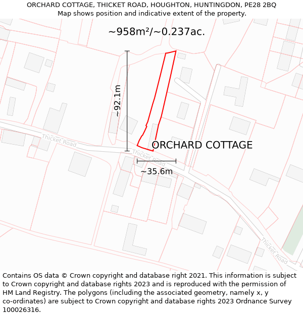 ORCHARD COTTAGE, THICKET ROAD, HOUGHTON, HUNTINGDON, PE28 2BQ: Plot and title map