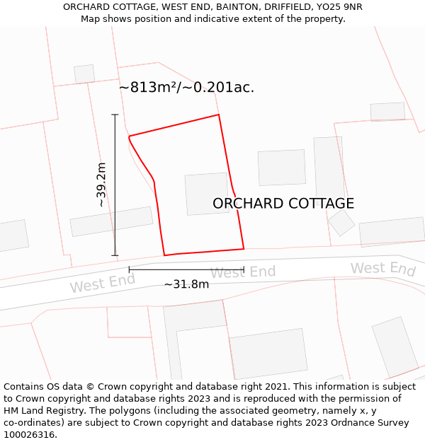 ORCHARD COTTAGE, WEST END, BAINTON, DRIFFIELD, YO25 9NR: Plot and title map