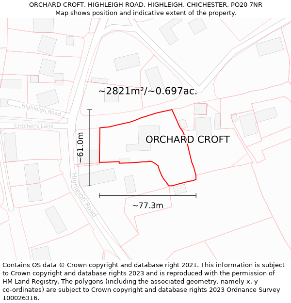 ORCHARD CROFT, HIGHLEIGH ROAD, HIGHLEIGH, CHICHESTER, PO20 7NR: Plot and title map