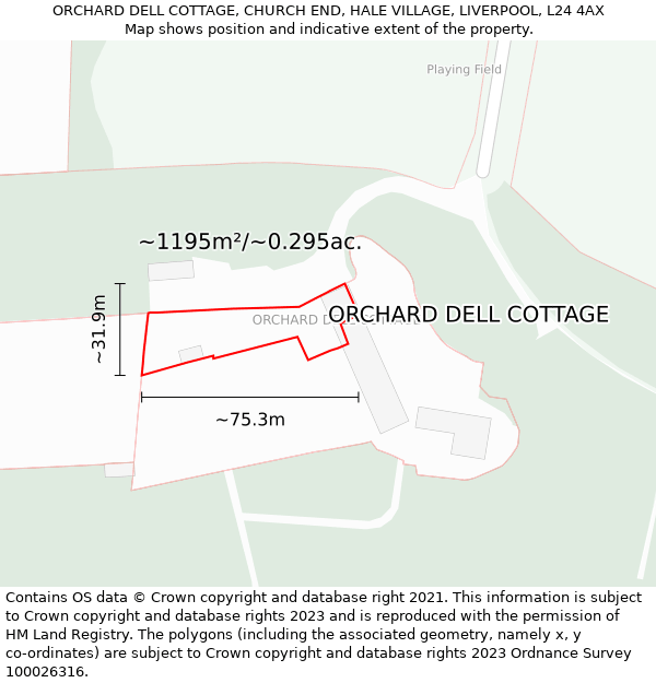 ORCHARD DELL COTTAGE, CHURCH END, HALE VILLAGE, LIVERPOOL, L24 4AX: Plot and title map