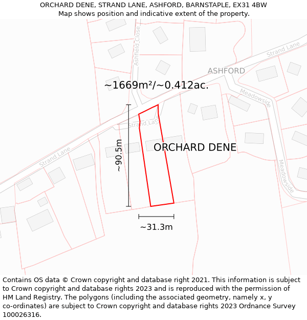 ORCHARD DENE, STRAND LANE, ASHFORD, BARNSTAPLE, EX31 4BW: Plot and title map