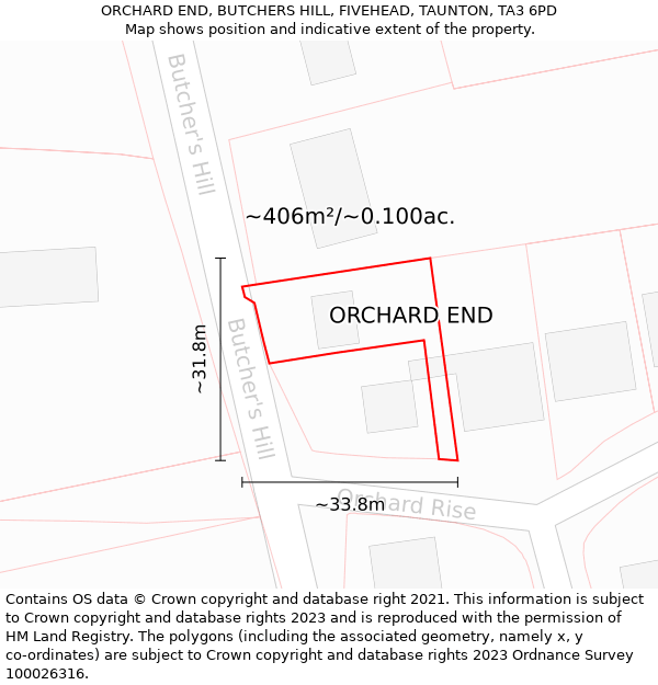 ORCHARD END, BUTCHERS HILL, FIVEHEAD, TAUNTON, TA3 6PD: Plot and title map