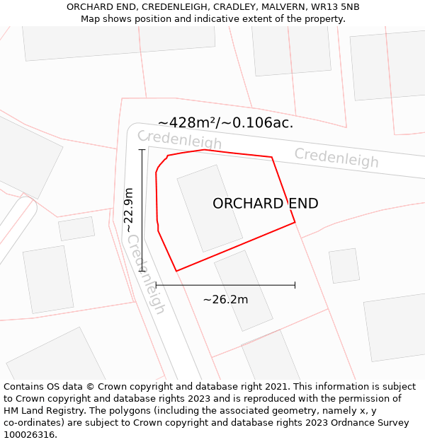 ORCHARD END, CREDENLEIGH, CRADLEY, MALVERN, WR13 5NB: Plot and title map