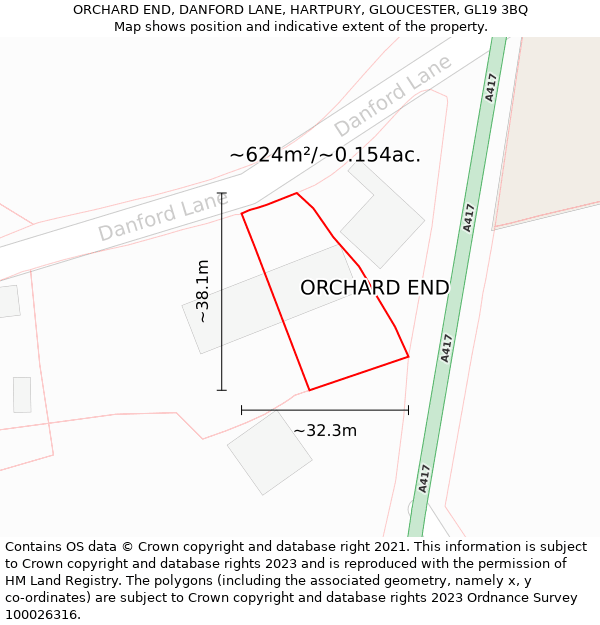 ORCHARD END, DANFORD LANE, HARTPURY, GLOUCESTER, GL19 3BQ: Plot and title map