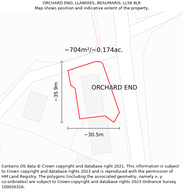 ORCHARD END, LLANFAES, BEAUMARIS, LL58 8LR: Plot and title map