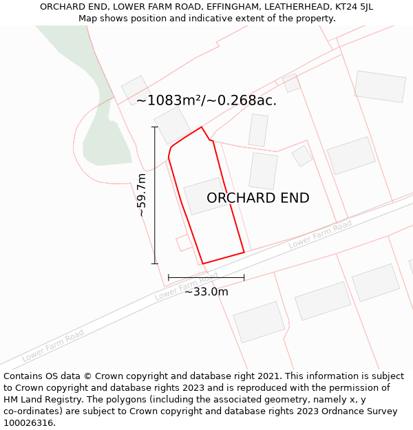 ORCHARD END, LOWER FARM ROAD, EFFINGHAM, LEATHERHEAD, KT24 5JL: Plot and title map