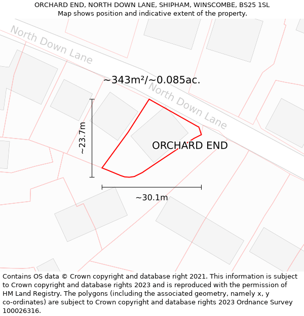 ORCHARD END, NORTH DOWN LANE, SHIPHAM, WINSCOMBE, BS25 1SL: Plot and title map