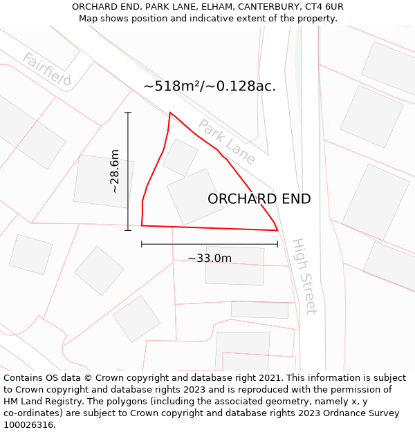 ORCHARD END, PARK LANE, ELHAM, CANTERBURY, CT4 6UR: Plot and title map