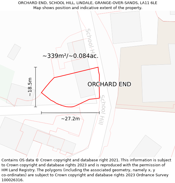 ORCHARD END, SCHOOL HILL, LINDALE, GRANGE-OVER-SANDS, LA11 6LE: Plot and title map