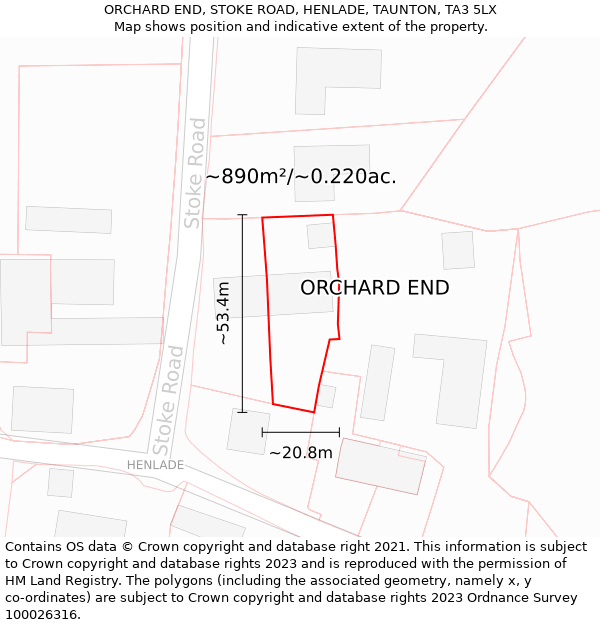 ORCHARD END, STOKE ROAD, HENLADE, TAUNTON, TA3 5LX: Plot and title map