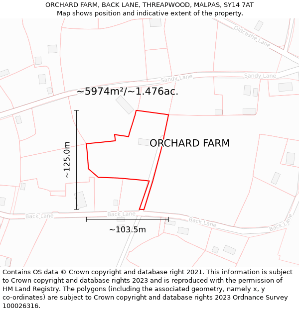 ORCHARD FARM, BACK LANE, THREAPWOOD, MALPAS, SY14 7AT: Plot and title map