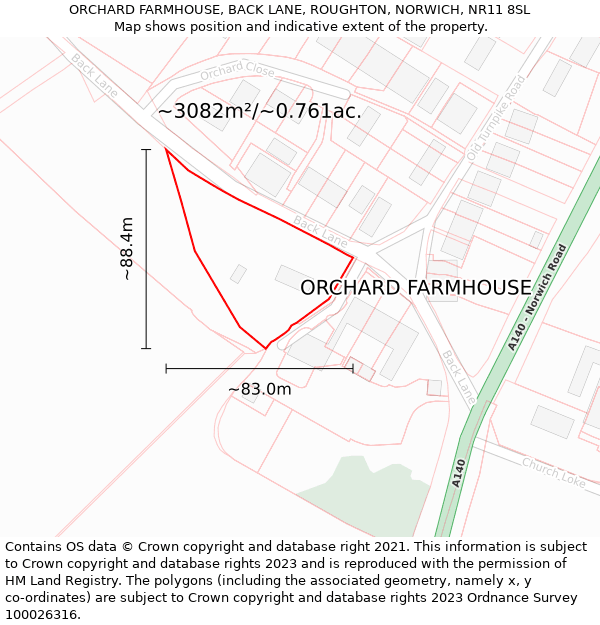 ORCHARD FARMHOUSE, BACK LANE, ROUGHTON, NORWICH, NR11 8SL: Plot and title map