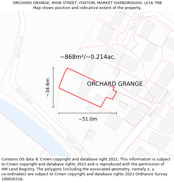 ORCHARD GRANGE, MAIN STREET, FOXTON, MARKET HARBOROUGH, LE16 7RB: Plot and title map