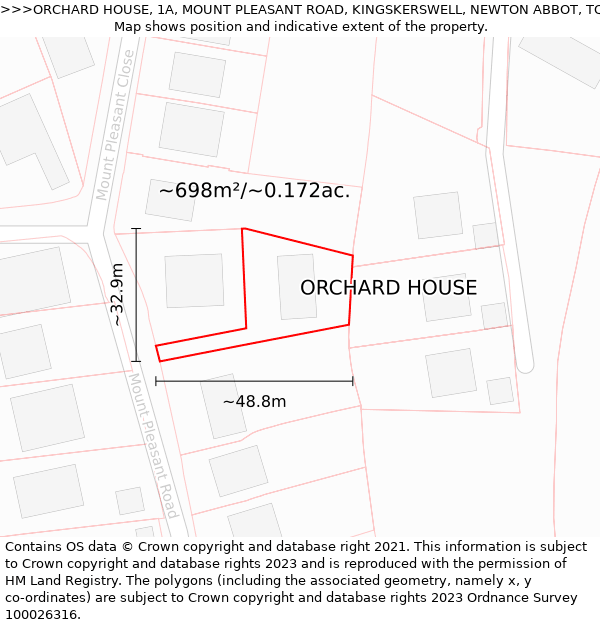 ORCHARD HOUSE, 1A, MOUNT PLEASANT ROAD, KINGSKERSWELL, NEWTON ABBOT, TQ12 5JJ: Plot and title map