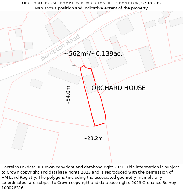 ORCHARD HOUSE, BAMPTON ROAD, CLANFIELD, BAMPTON, OX18 2RG: Plot and title map