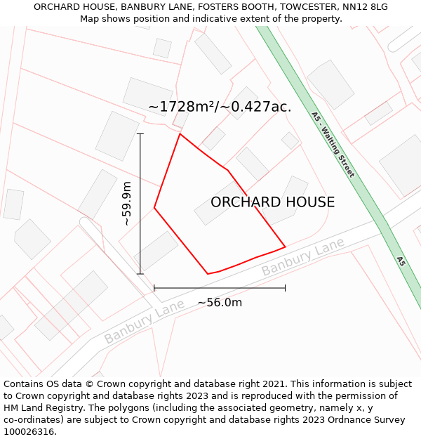 ORCHARD HOUSE, BANBURY LANE, FOSTERS BOOTH, TOWCESTER, NN12 8LG: Plot and title map