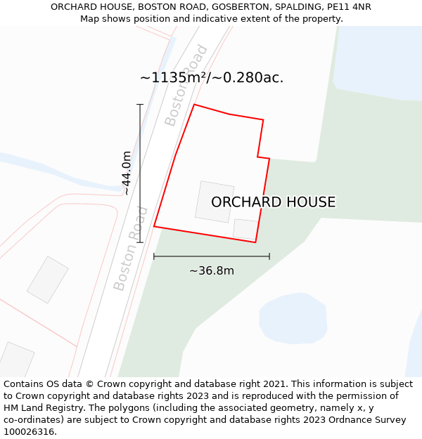 ORCHARD HOUSE, BOSTON ROAD, GOSBERTON, SPALDING, PE11 4NR: Plot and title map