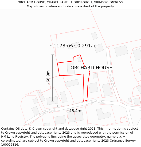 ORCHARD HOUSE, CHAPEL LANE, LUDBOROUGH, GRIMSBY, DN36 5SJ: Plot and title map