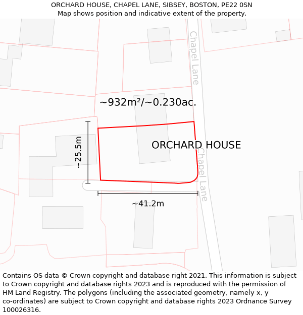 ORCHARD HOUSE, CHAPEL LANE, SIBSEY, BOSTON, PE22 0SN: Plot and title map
