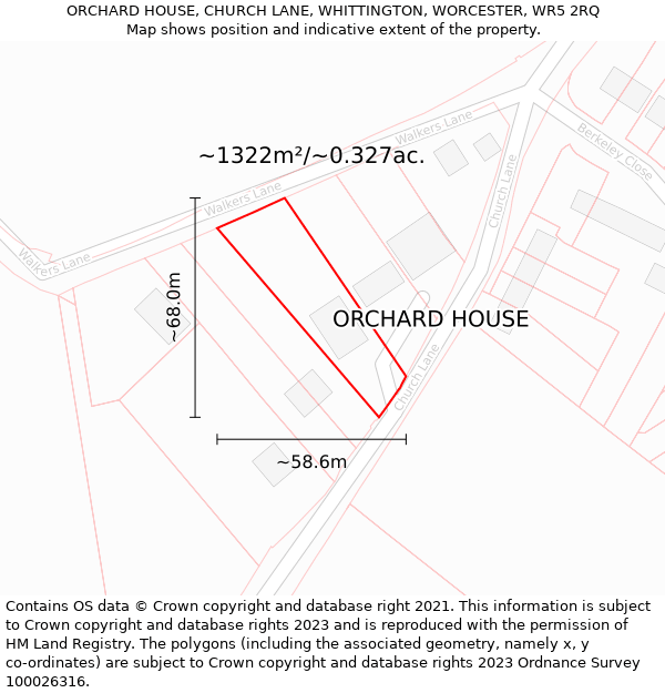 ORCHARD HOUSE, CHURCH LANE, WHITTINGTON, WORCESTER, WR5 2RQ: Plot and title map