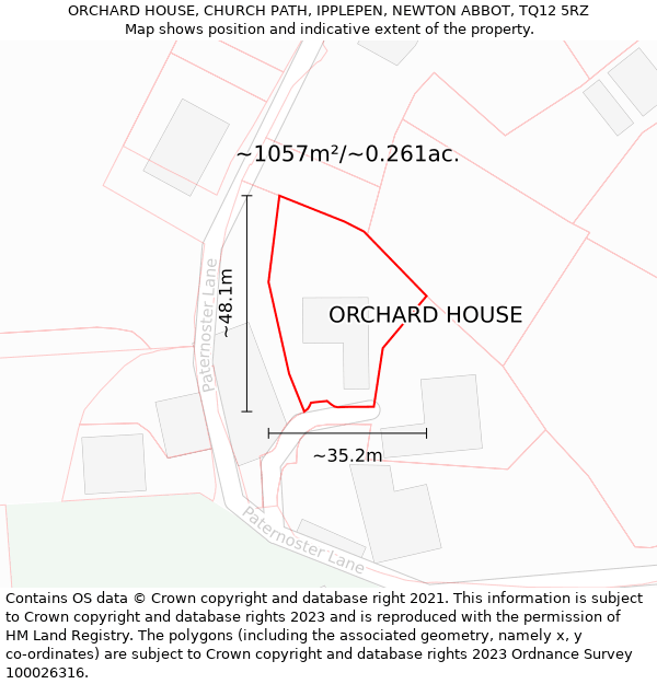ORCHARD HOUSE, CHURCH PATH, IPPLEPEN, NEWTON ABBOT, TQ12 5RZ: Plot and title map