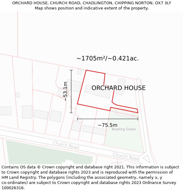 ORCHARD HOUSE, CHURCH ROAD, CHADLINGTON, CHIPPING NORTON, OX7 3LY: Plot and title map