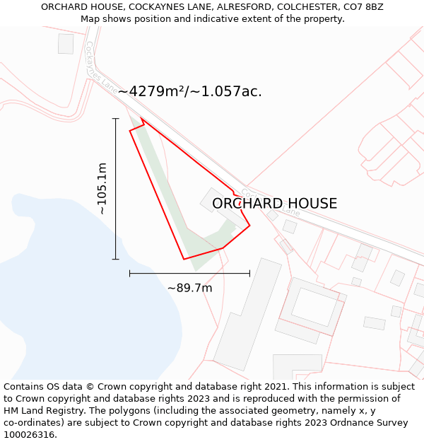 ORCHARD HOUSE, COCKAYNES LANE, ALRESFORD, COLCHESTER, CO7 8BZ: Plot and title map