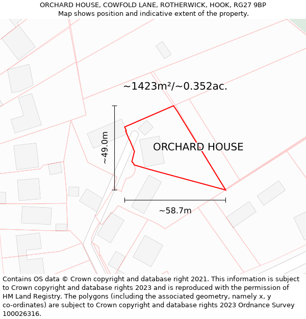 ORCHARD HOUSE, COWFOLD LANE, ROTHERWICK, HOOK, RG27 9BP: Plot and title map