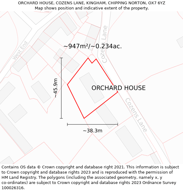 ORCHARD HOUSE, COZENS LANE, KINGHAM, CHIPPING NORTON, OX7 6YZ: Plot and title map
