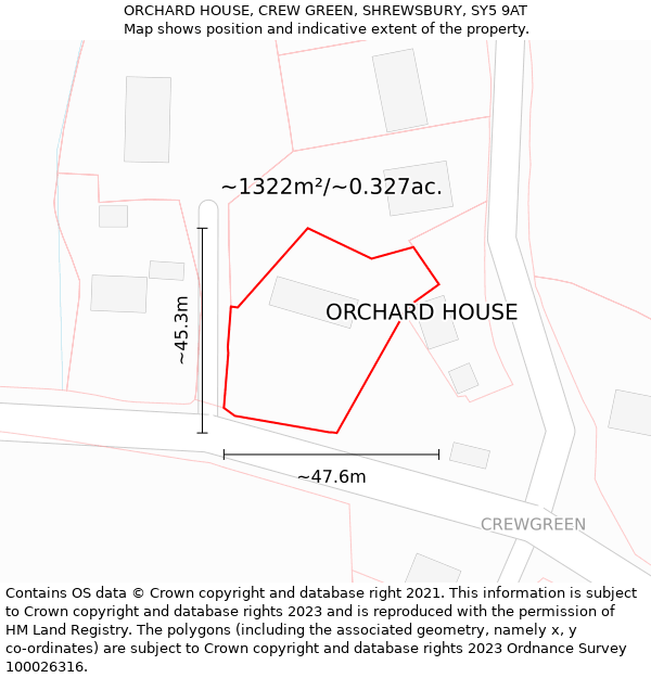 ORCHARD HOUSE, CREW GREEN, SHREWSBURY, SY5 9AT: Plot and title map