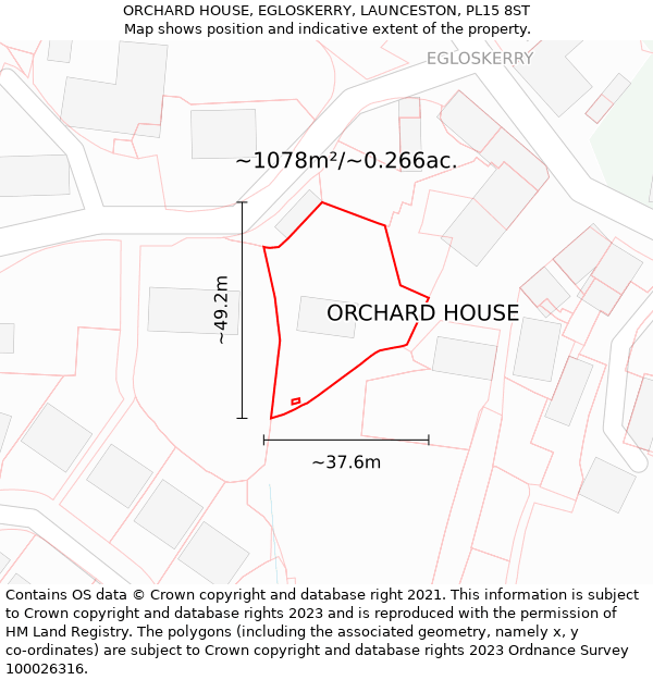 ORCHARD HOUSE, EGLOSKERRY, LAUNCESTON, PL15 8ST: Plot and title map