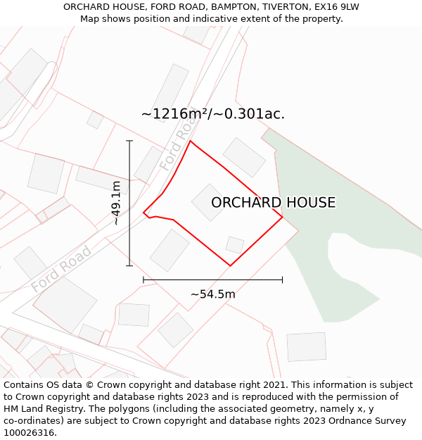 ORCHARD HOUSE, FORD ROAD, BAMPTON, TIVERTON, EX16 9LW: Plot and title map