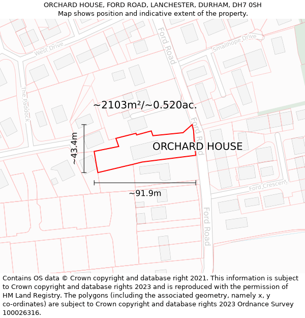 ORCHARD HOUSE, FORD ROAD, LANCHESTER, DURHAM, DH7 0SH: Plot and title map