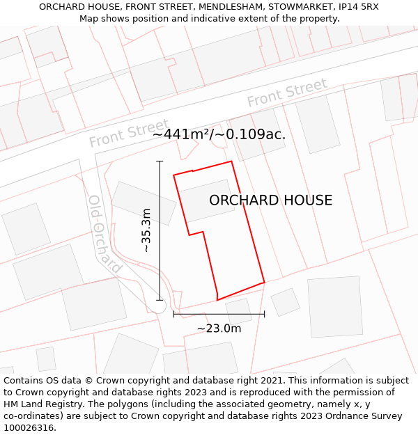 ORCHARD HOUSE, FRONT STREET, MENDLESHAM, STOWMARKET, IP14 5RX: Plot and title map