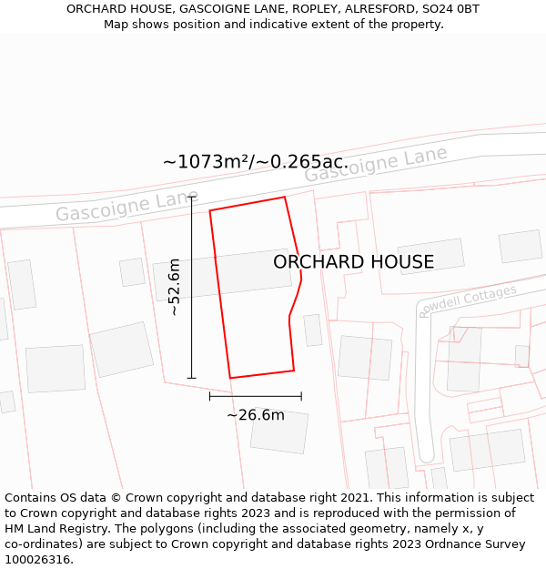 ORCHARD HOUSE, GASCOIGNE LANE, ROPLEY, ALRESFORD, SO24 0BT: Plot and title map