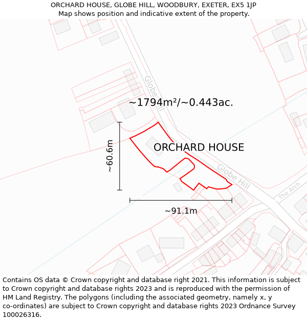 ORCHARD HOUSE, GLOBE HILL, WOODBURY, EXETER, EX5 1JP: Plot and title map
