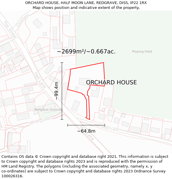 ORCHARD HOUSE, HALF MOON LANE, REDGRAVE, DISS, IP22 1RX: Plot and title map