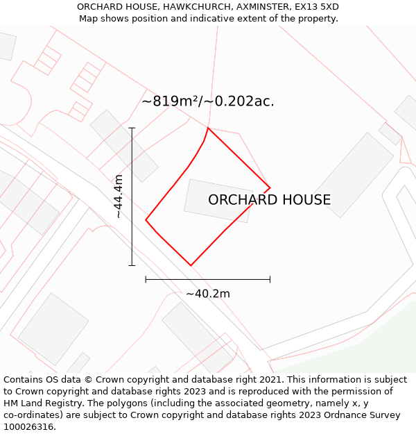ORCHARD HOUSE, HAWKCHURCH, AXMINSTER, EX13 5XD: Plot and title map