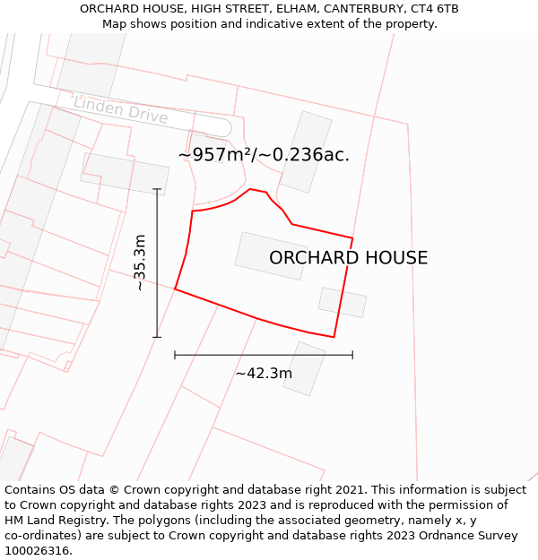 ORCHARD HOUSE, HIGH STREET, ELHAM, CANTERBURY, CT4 6TB: Plot and title map