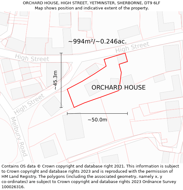 ORCHARD HOUSE, HIGH STREET, YETMINSTER, SHERBORNE, DT9 6LF: Plot and title map