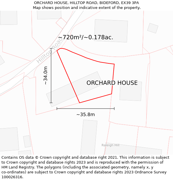 ORCHARD HOUSE, HILLTOP ROAD, BIDEFORD, EX39 3PA: Plot and title map