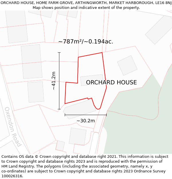 ORCHARD HOUSE, HOME FARM GROVE, ARTHINGWORTH, MARKET HARBOROUGH, LE16 8NJ: Plot and title map