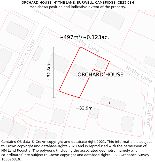 ORCHARD HOUSE, HYTHE LANE, BURWELL, CAMBRIDGE, CB25 0EH: Plot and title map