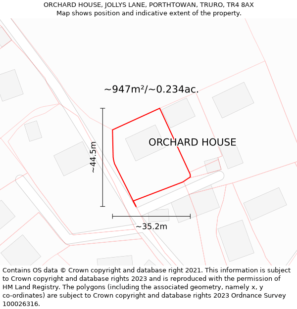 ORCHARD HOUSE, JOLLYS LANE, PORTHTOWAN, TRURO, TR4 8AX: Plot and title map