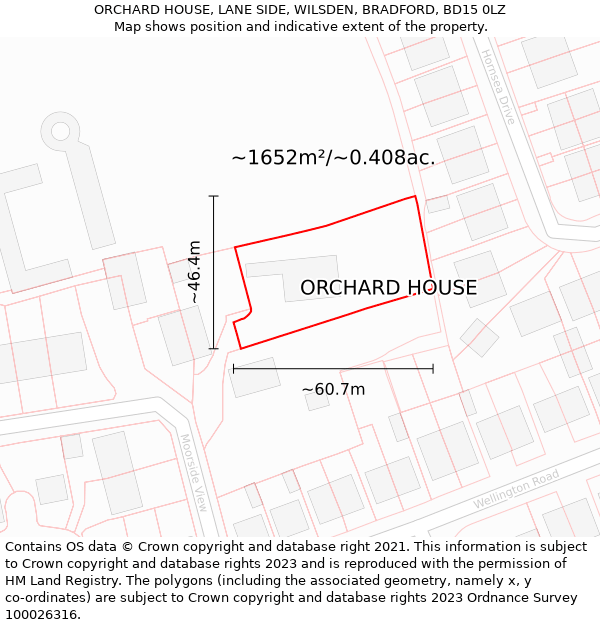 ORCHARD HOUSE, LANE SIDE, WILSDEN, BRADFORD, BD15 0LZ: Plot and title map