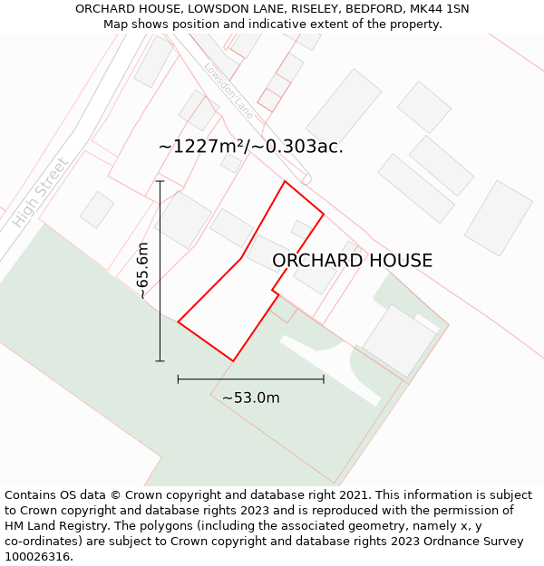 ORCHARD HOUSE, LOWSDON LANE, RISELEY, BEDFORD, MK44 1SN: Plot and title map