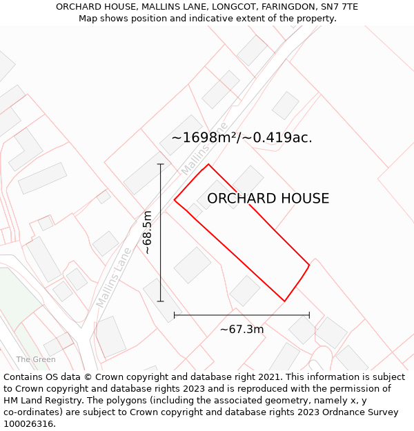 ORCHARD HOUSE, MALLINS LANE, LONGCOT, FARINGDON, SN7 7TE: Plot and title map