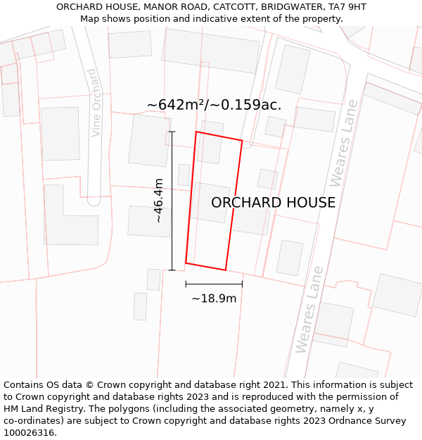ORCHARD HOUSE, MANOR ROAD, CATCOTT, BRIDGWATER, TA7 9HT: Plot and title map