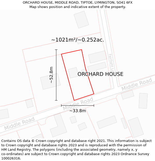 ORCHARD HOUSE, MIDDLE ROAD, TIPTOE, LYMINGTON, SO41 6FX: Plot and title map