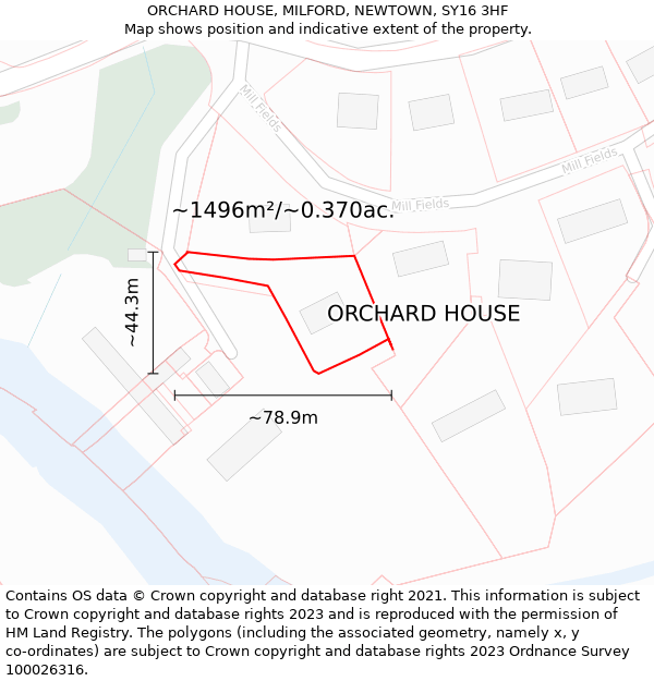 ORCHARD HOUSE, MILFORD, NEWTOWN, SY16 3HF: Plot and title map